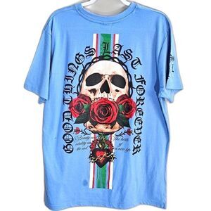 GTL4 Good Things Last Forever Skull Roses Graphic T-Shirt Light Blue Mens